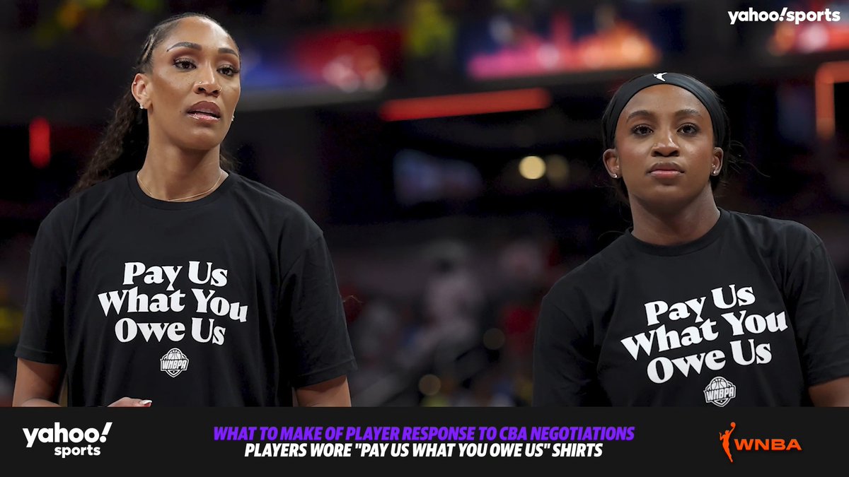 .Caroline Fenton and Cassandra Negley react to WNBA players' "Pay Us What You Owe Us" T-shirts before the All-Star Game 🍿
