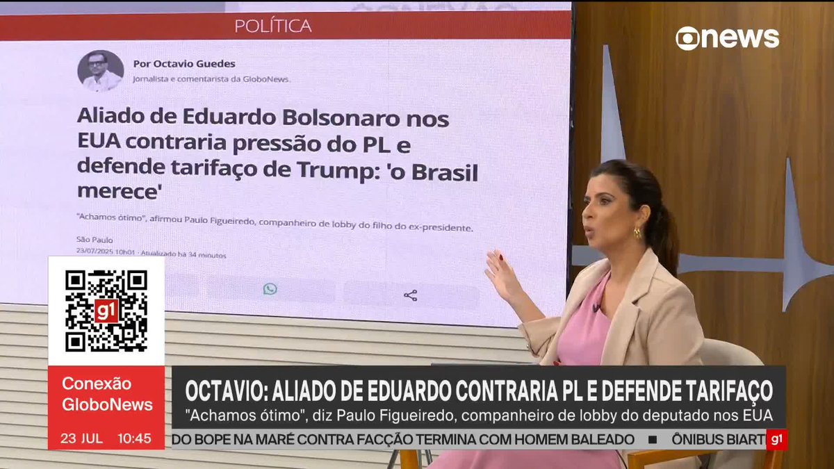 .Octavio Guedes: companheiro de lobby de Eduardo Bolsonaro nos EUA, Paulo Figueiredo contraria pressão do PL e defende tarifaço de Trump: “Achamos ótimo. O Brasil merece a tarifa Moraes.” #ConexãoGloboNews ➡ Assista à #GloboNews: