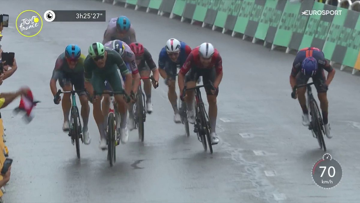 Another Milan - Merlier showdown denied, this time due to a big crash on the wet roads of Valence. 😪 Johnny avoided it and took a big victory that should seal his Green Jersey. 2nd place for Meeus and 3rd for Lund. #TDF2025