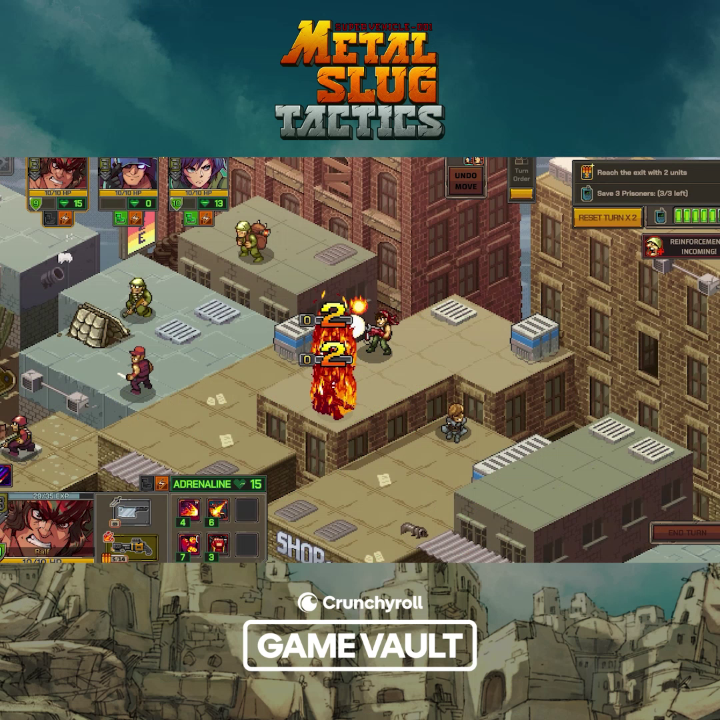 Metal Slug Tactics brings the iconic arcade franchise to Crunchyroll Game Vault! Command legendary heroes like Marco, Tarma, Fio, and Eri as they take on a new kind of battlefield. Download today with a Mega or Ultimate membership.