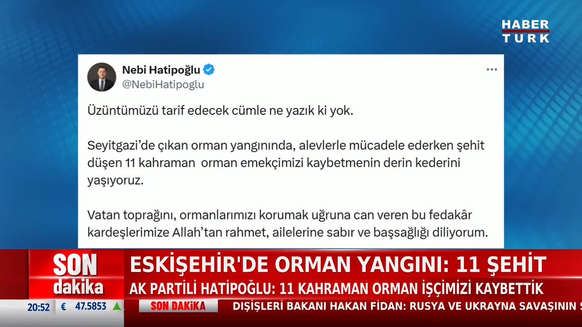 #SONDAKİKA - Eskişehir'de orman yangını: 11 şehit Nebi Hatipoğlu: Seyitgazi’de çıkan orman yangınında 11 kahraman orman emekçimizi kaybettik.