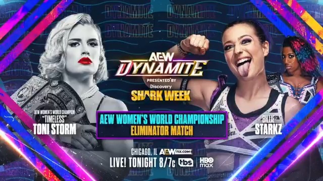 #AEWDynamite LIVE, 8/7c on TBS + HBO Max TONIGHT! AEW Women's World Championship Eliminator Timeless Toni Storm vs Billie Starkz AEW Women's World Champ Toni Storm is ready for all comers! She faces Athena is ROH & All Elite!'s minion BIG Billie Starkz • ビリー・スタークス tonight in an Eliminator Match!
