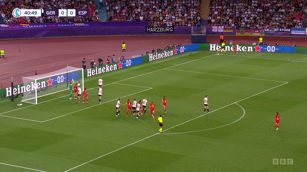 Woodwork! ❌ Irene Paredes with the closest either side has gone so far. #BBCFootball #WEuro2025