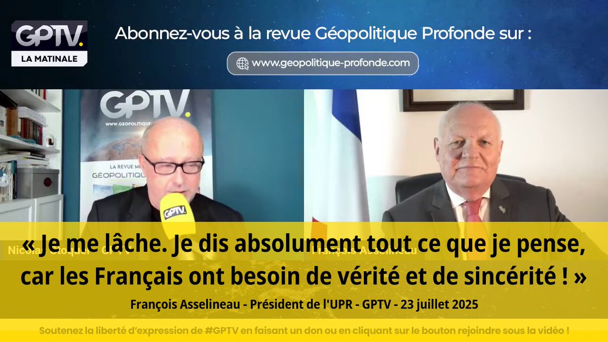 « Je comprends que les gens aient envie de manifester [le #10septembre2025 ou autres], mais ça ne changera rien du tout ! Pour les 🇫🇷, c'est simple, toute personne qui ne veut pas le #Frexit est un agent du système. Que ce soit #Jardin, #Bardella, #Zemmour, etc. » François Asselineau 🇫🇷