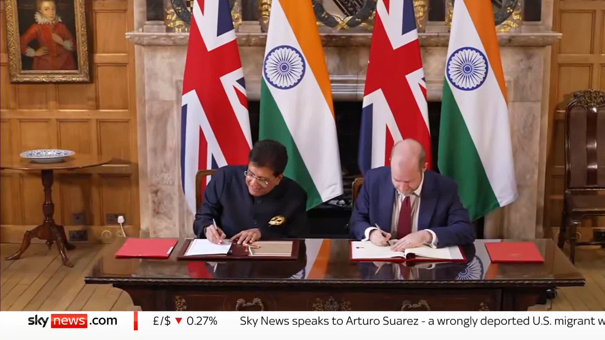 BREAKING 🚨 India and UK officially sign Free Trade Agreement in the presence of Prime Minister Narendra Modi and his British counterpart Keir Starmer 🤝 — A landmark deal boosting bilateral trade, investments &amp; economic ties