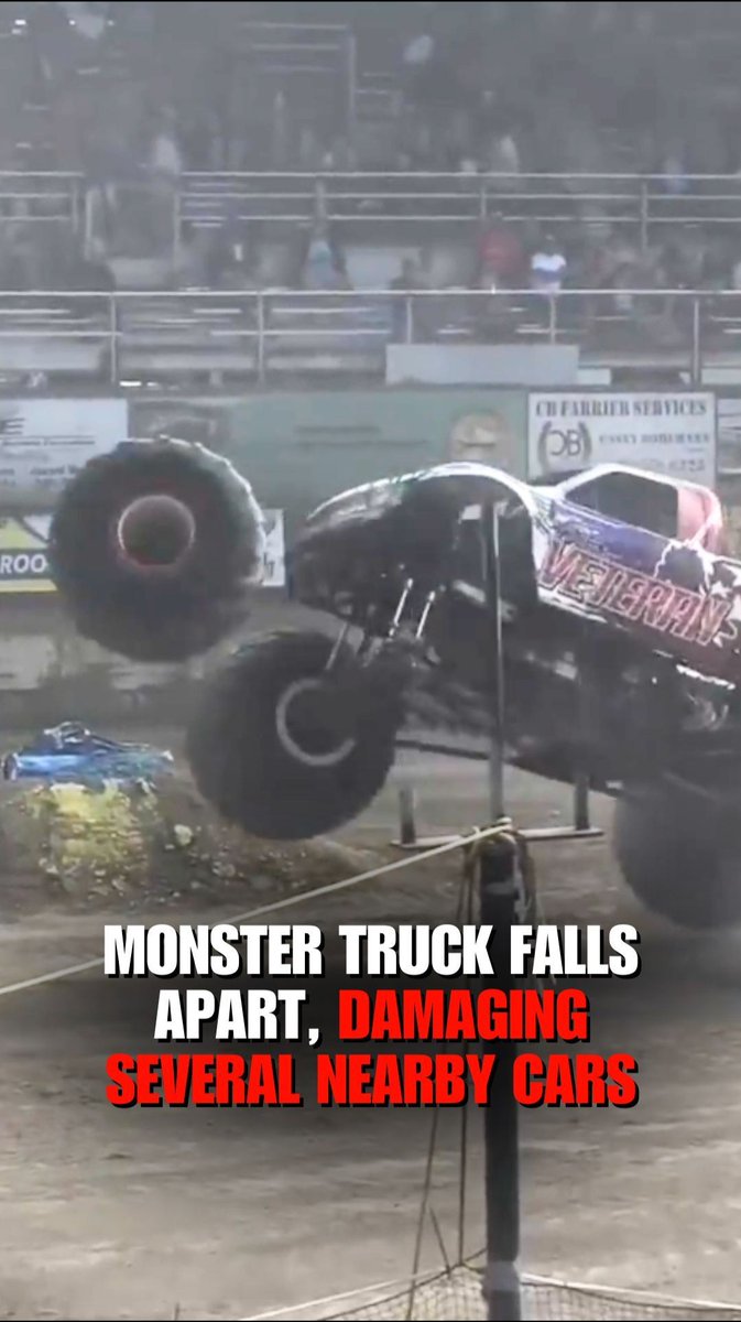 A vehicle parked outside the "Malicious Monster Truck Tour" was crushed after a wheel flew off one of the monster trucks during the show, bouncing out of the arena into several parked cars.
