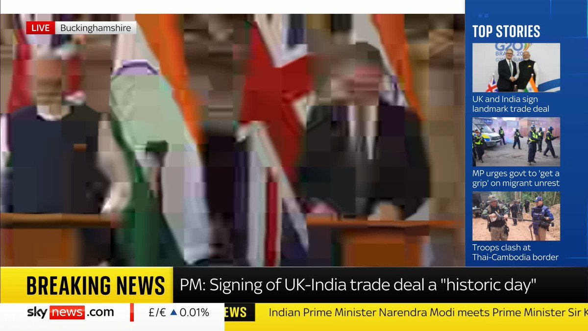 Sir Keir Starmer and Narendra Modi are confirming the UK-India trade deal at Chequers. He also announces the launch 'India-UK Vision 2035 Strategy', working together on areas such as climate, health and defence. 📺 Sky 501