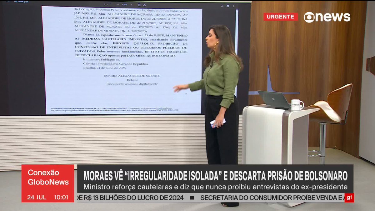 Moraes diz que Bolsonaro cometeu 'irregularidade isolada' e nega converter cautelares em prisão. #ConexãoGloboNews ➡ Assista na #GloboNews: