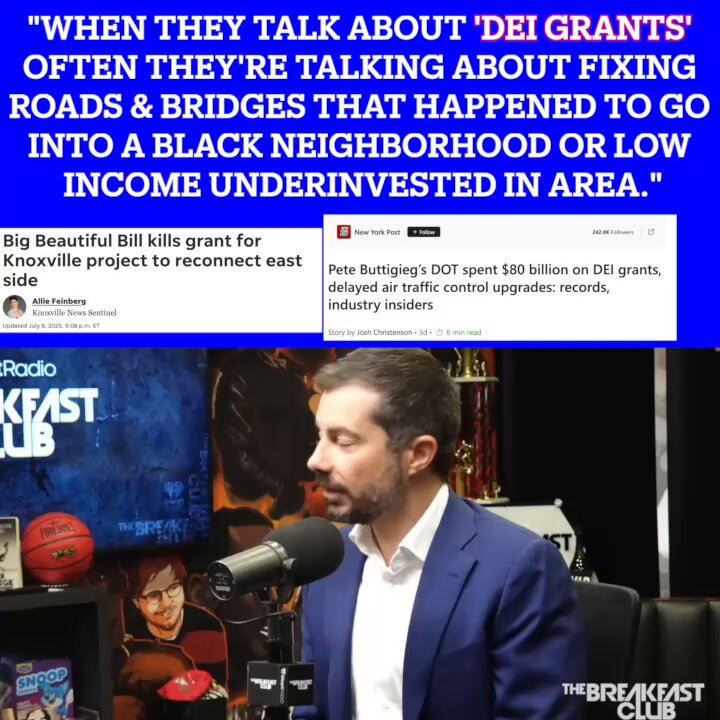 WATCH: “This war on diversity is now so extreme. People are starting to feel it.” Pete Buttigieg tells The Breakfast Club the “$80 BILLION in DEI grants” accusation must mean projects in Black/Poorer areas. (As Trump cancels many, like KNOXVILLE) Full: