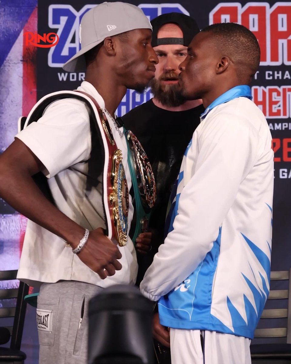 Ring ambassador Bruce ‘Shu Shu’ Carrington stares down Mateus Heita ahead of their clash for the WBC ‘interim’ featherweight title this Saturday in New York 👀