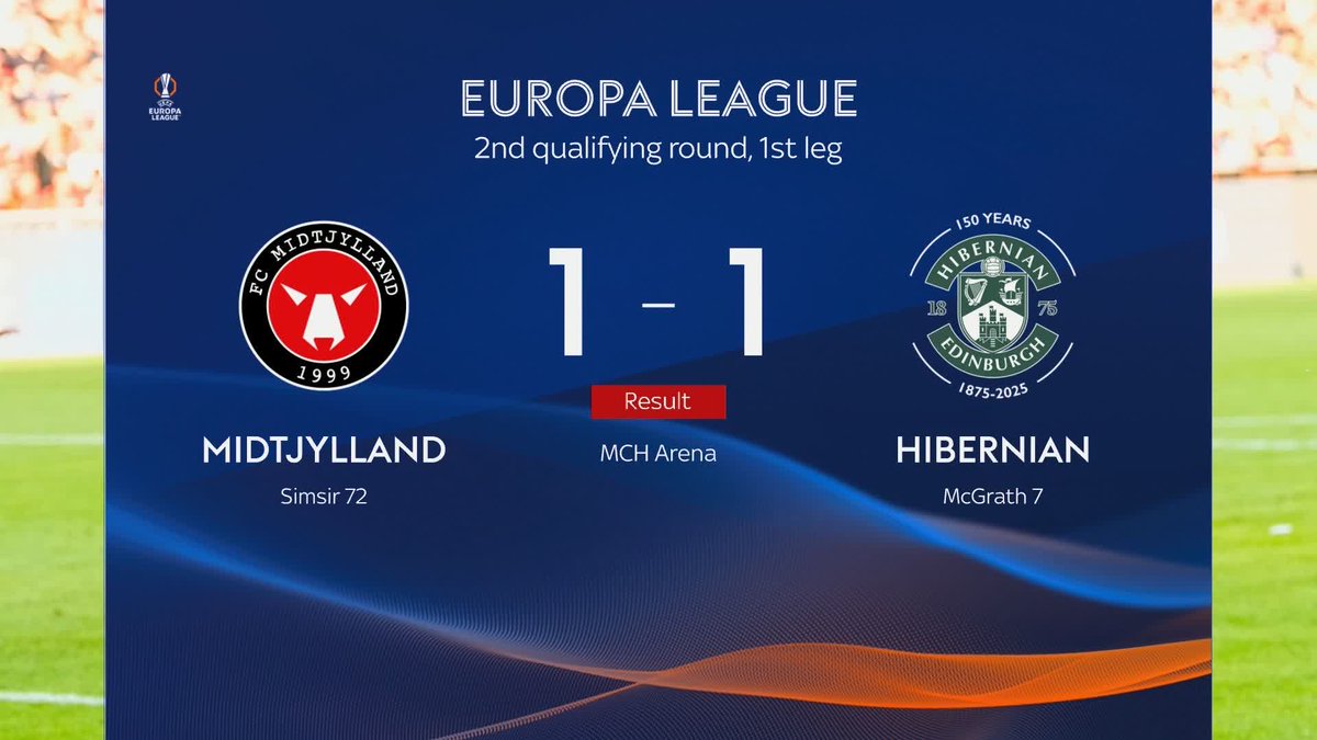 Hibernian have drawn 1-1 away to FC Midtjylland in the 1st leg of their Europa League qualifying round ⚽