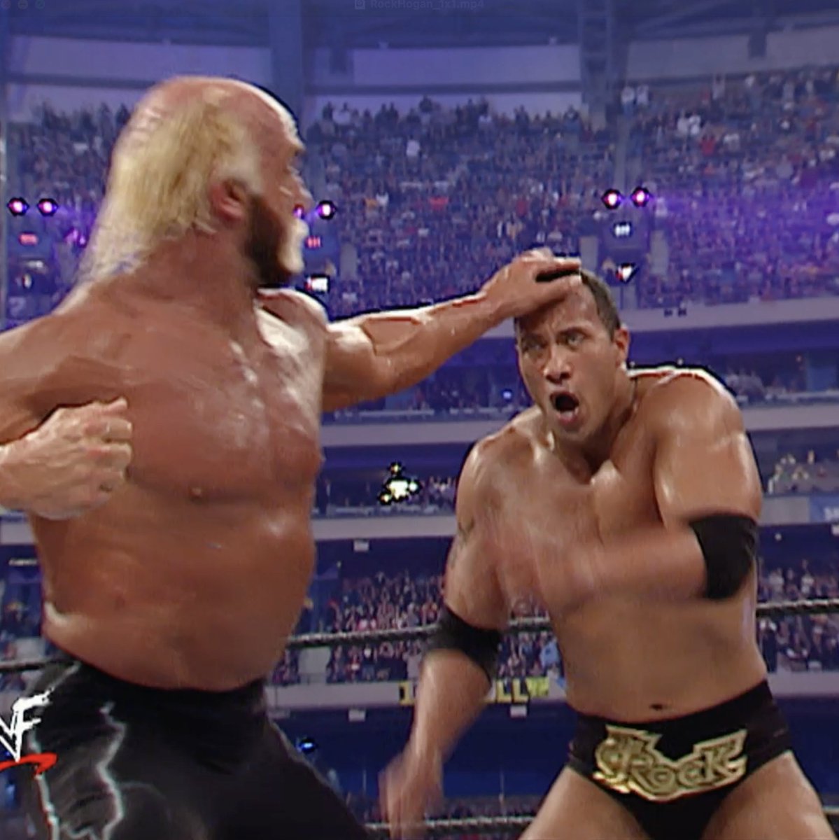 Hulk Hogan vs. The Rock at WrestleMania 18. One of the most iconic matches in WWE history.