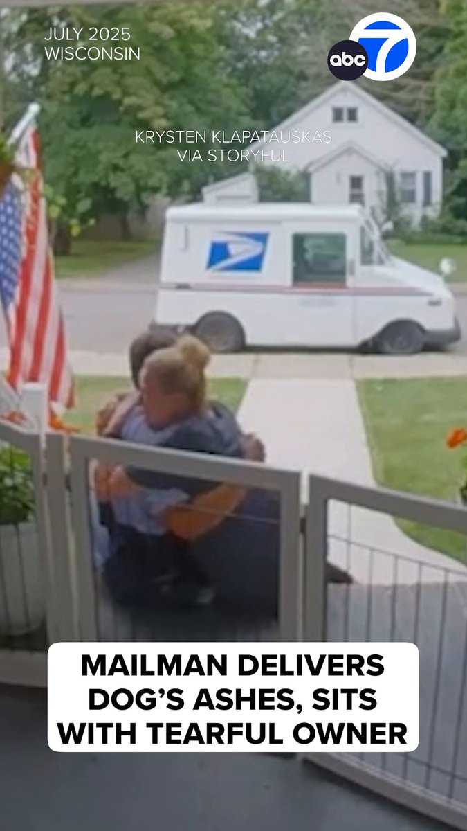 A touching moment was captured on a doorbell camera as a mailman delivered the ashes of a beloved German Shepherd that died from cancer to her grieving owner, then sat beside her in quiet support. 🥺 The two shared a tearful hug. ❤️