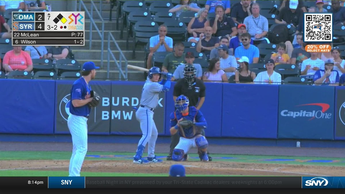 Nolan McLean's outing for the Syracuse Mets tonight on SNY: 7.1 IP, 4 H, 2 R, 0 BB, 6 K, 85 pitches (55 strikes)
