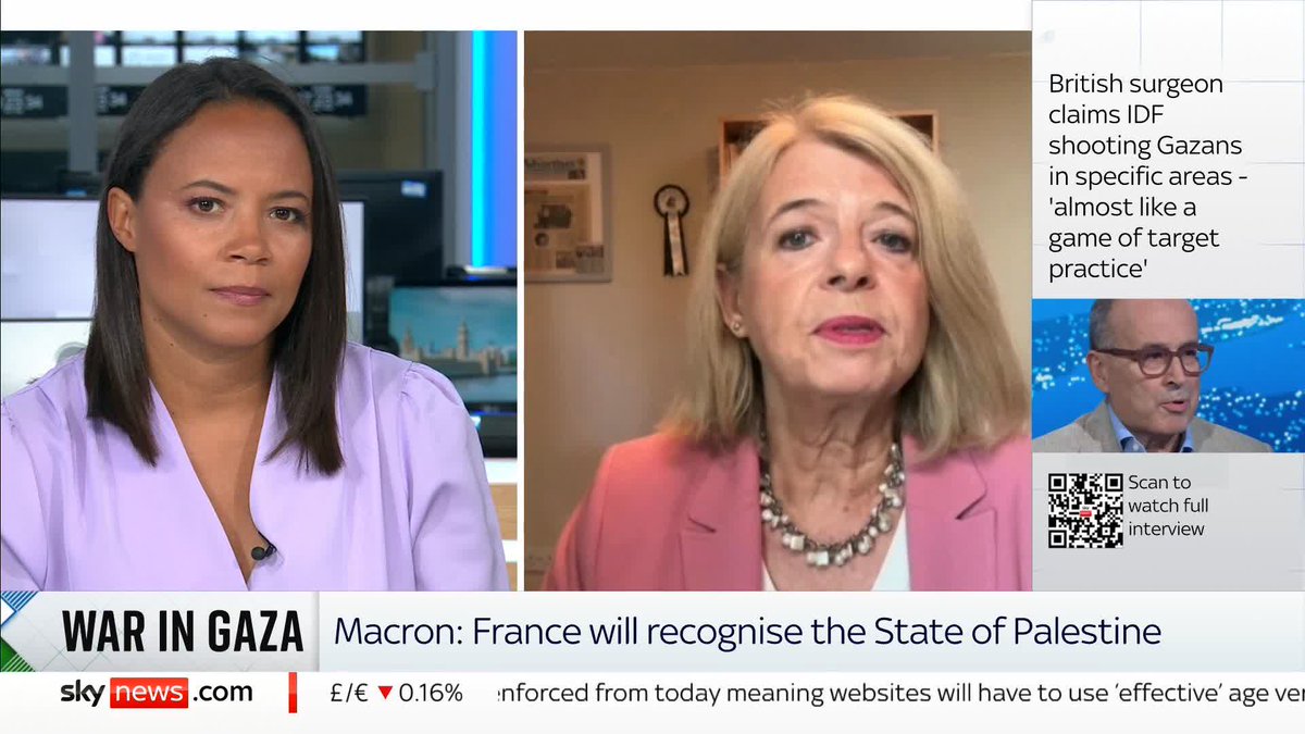 Shadow business minister Harriett Baldwin says it was "inappropriate" for the French president to say he would soon be recognising Palestine as a state. It should be part of a "process" that involves all the regional powers, she says. 📺 Sky 501
