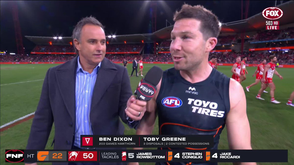 "He's looking overweight..." Toby Greene with an interesting takeaway at half-time 👀 📺 Watch #AFLGiantsSwans on Ch.503 or stream on Kayo: ✍️ BLOG 🔢 MATCH CENTRE
