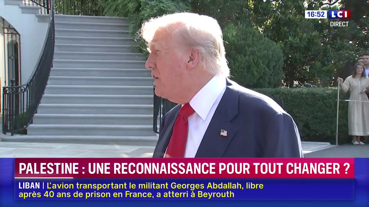🔴 La France va reconnaître l’État de Palestine : "La déclaration de Macron n’a aucun poids", lance Trump 💬 "C'est quelqu'un de très bien, je l'apprécie, mais cette déclaration n'a pas de poids", a affirmé le président américain ce vendredi peu avant son départ pour l'Écosse.