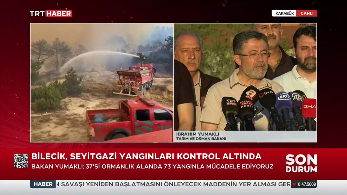 Tarım ve Orman Bakanı İbrahim Yumaklı: Karabük ilimizin Safranbolu ve Ovacık ilçelerinde başlayan iki ayrı yangın devam ediyor. 2 uçak, 19 helikopter ve kara araçlarımızla müdahaleyi sürdürüyoruz.