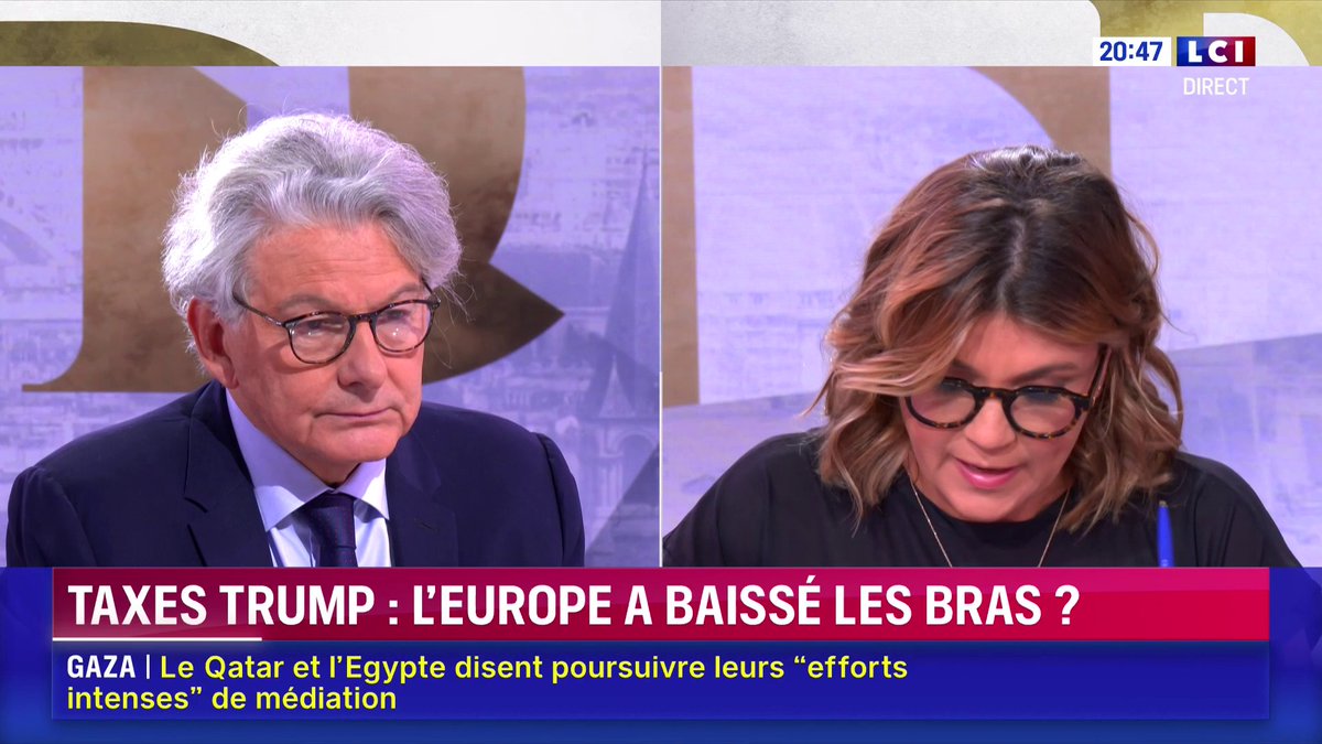 🔴 Droits de douane : Thierry Breton réagit sur LCI 💬 "Ces négociations sont avant tout des rapports de force politiques. Est-ce qu'on a été capables de mener ce rapport de force, nous Européens ? Sans doute pas suffisamment puisqu'on finit à 15%."