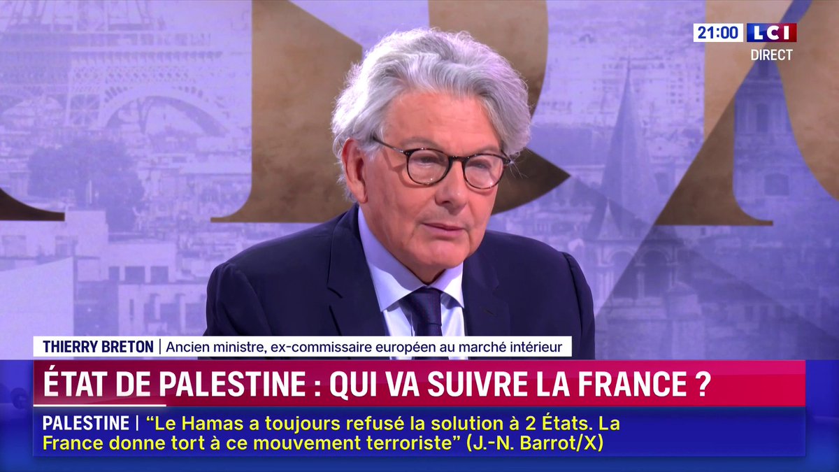 🔴 La France va reconnaître l’État de Palestine : Thierry Breton réagit sur LCI 💬 "Est-ce qu'on va convaincre d'autres pays du G7 ? J'en doute. Il faut s'attendre à ce que la France soit isolée dans cette décision."