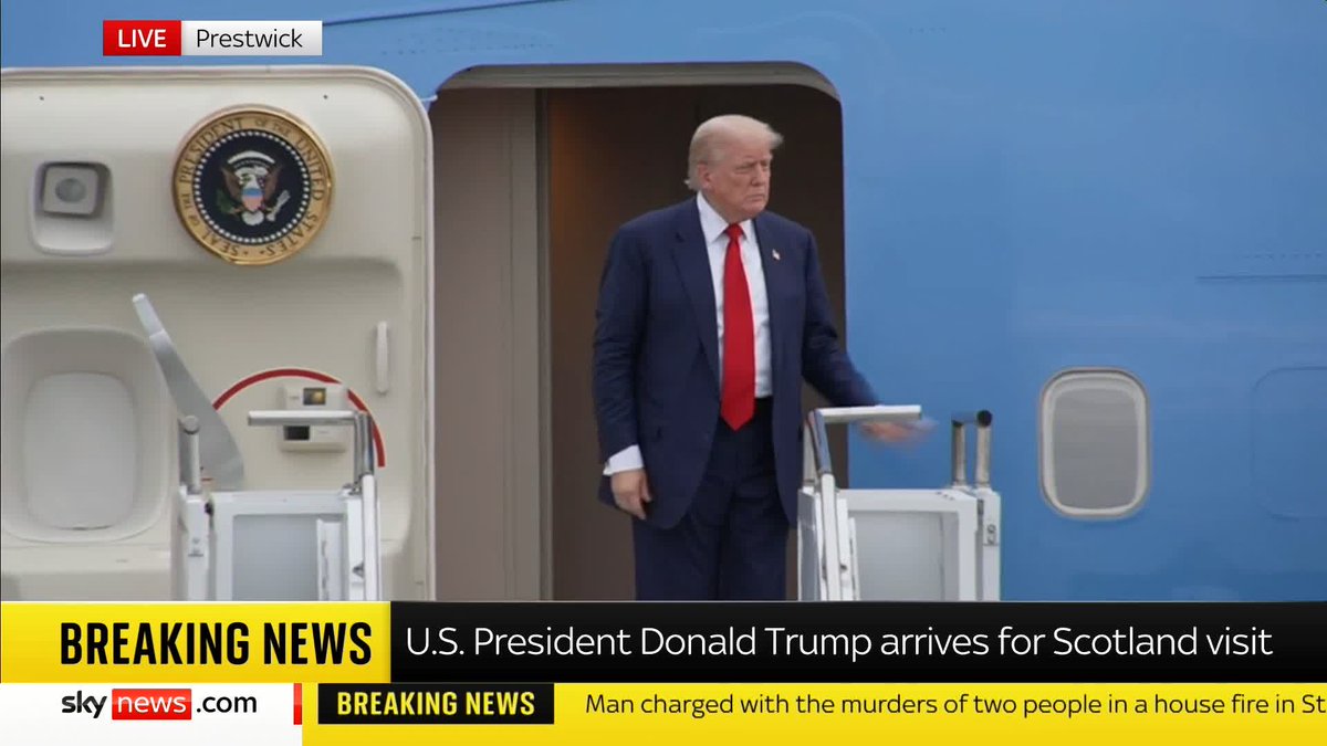 BREAKING: President Trump has arrived in Prestwick, Scotland for his four-day visit 📺 Sky 501, Virgin 602, Freeview 233 and YouTube