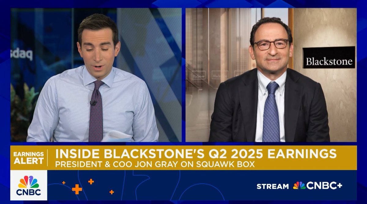 Jon Gray joined Andrew Ross Sorkin on CNBC to discuss $BX's strong 2Q results: ✅ $52B of inflows ✅ Highest amount of overall fund appreciation in nearly 4 years ✅ Dealmaking and IPO markets gaining momentum Q2 2025 results: