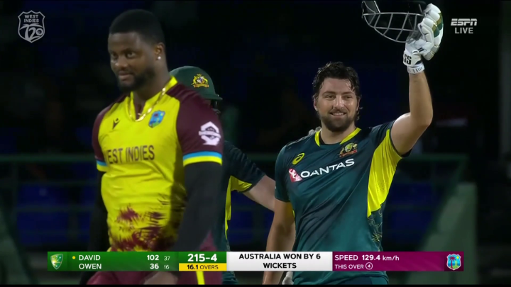 TIM DAVID SMASHES THE RECORD FOR THE FASTEST 100 IN AUSTRALIAN T20I HISTORY! 🤯 Reaching his century in just 37 balls, David comfortably beats the previous record of 43 👏 Catch every ball of Australia’s tour of the West Indies live on ESPN on Disney+ 📺