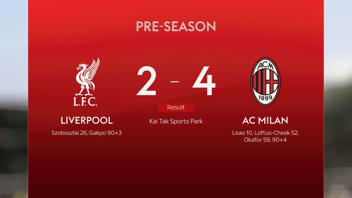 Liverpool were beaten 4-2 by AC Milan in a pre-season friendly in Hong Kong. Rafael Leao and Ruben Loftus-Cheek were among the goalscorers for Milan while Dominik Szoboszlai and Cody Gakpo found the net for Liverpool 🚨