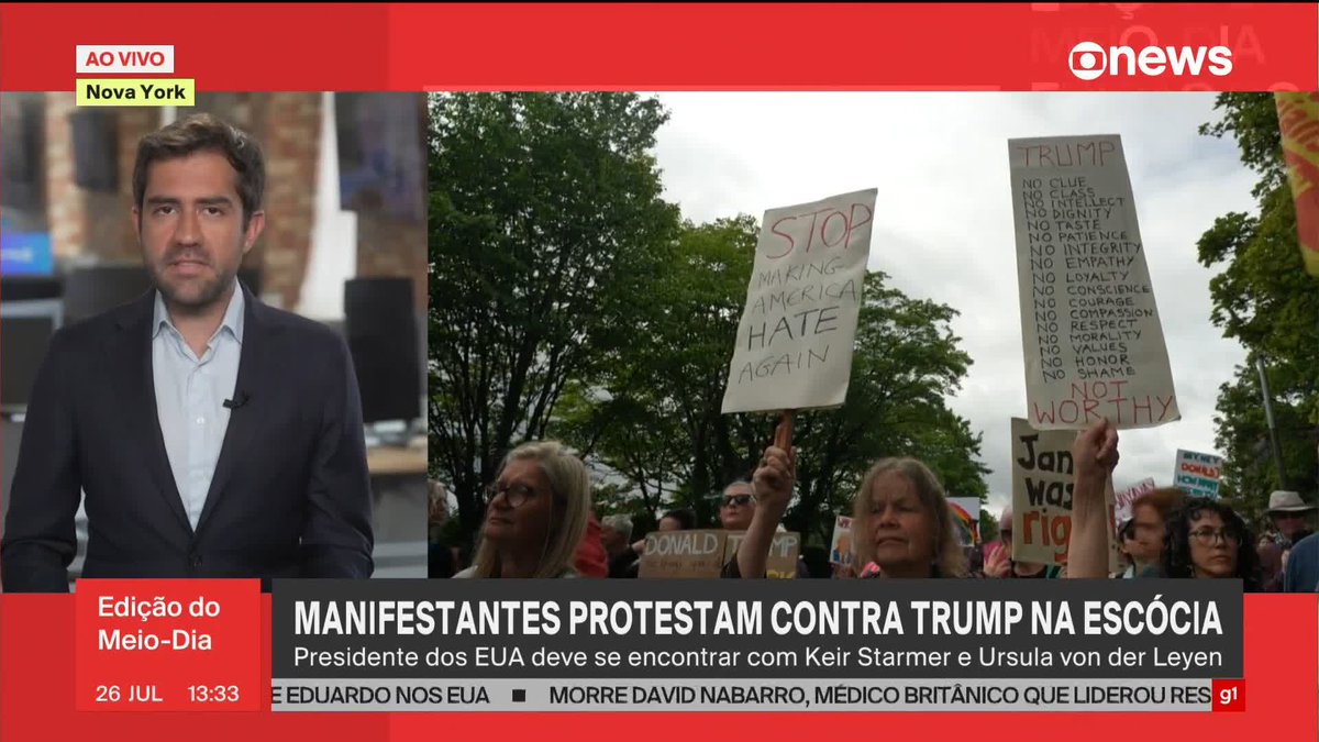 Manifestantes protestam contra Trump na Escócia. O presidente dos EUA deve se encontrar com o primeiro-ministro do Reino Unido, Keir Starmer, e a presidente da Comissão Europeia, Ursula von der Leyen. #JornalGloboNews ➡ Assista à #GloboNews: