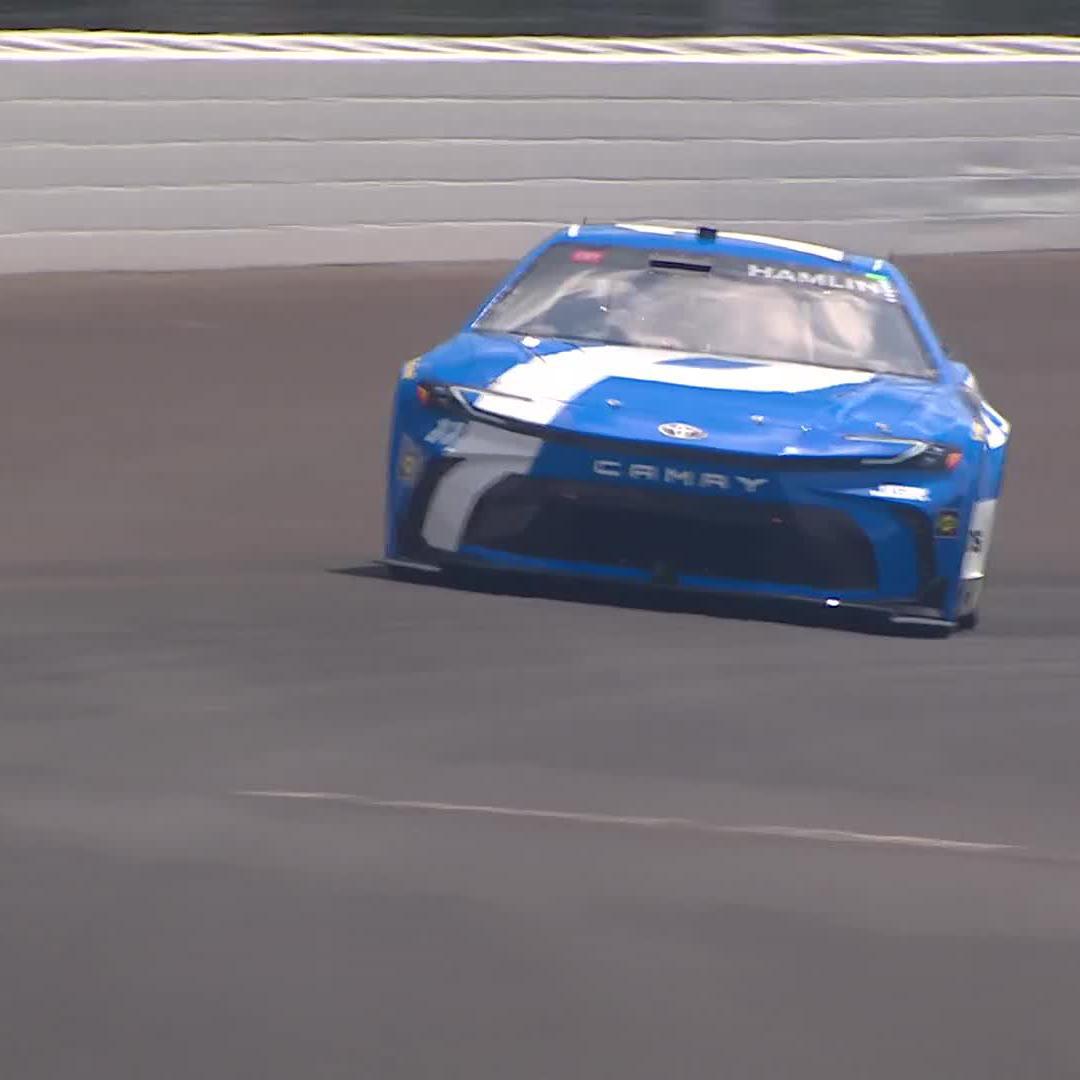 There's trouble for Denny Hamlin on his qualifying lap!