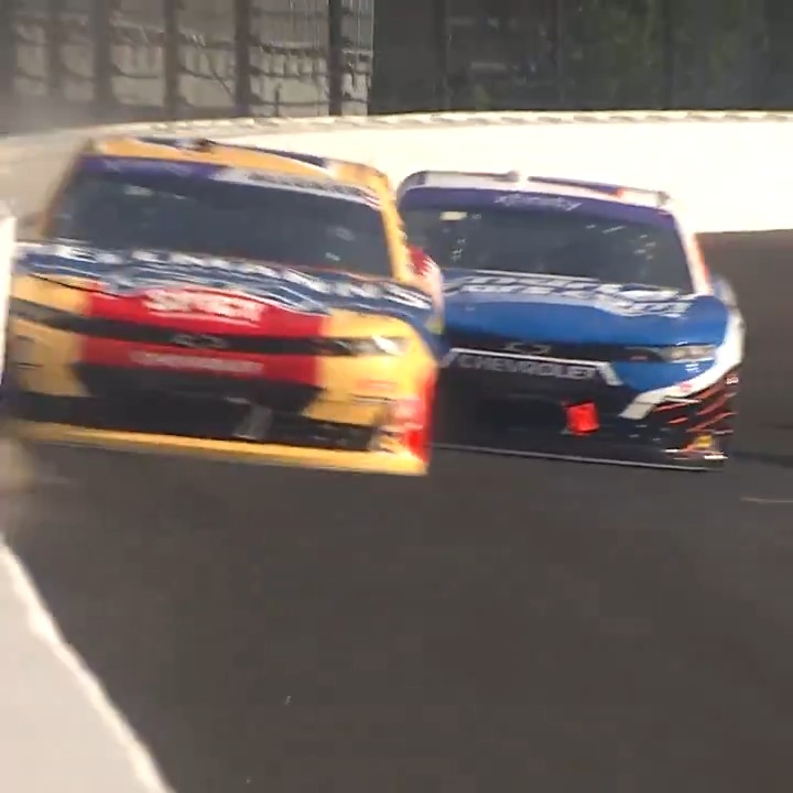 .Connor Zilisch takes advantage of Justin Allgaier and Kyle Larson making contact on the restart to take the lead!
