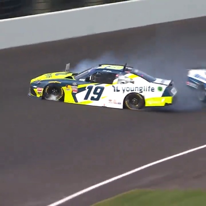 The yellow flag is out at Indianapolis Motor Speedway following this incident involving multiple cars. Aric Almirola exited the No. 19 under his own power.