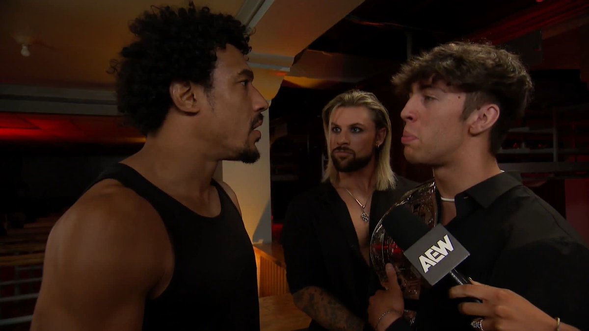 .AR FOX wants a fight as he steps up to Kip Sabian 🏴‍☠️ and ROH World TV Champion Nick Wayne. Watch #AEWCollision presented by #SharkWeek LIVE on TNT &amp; HBO Max