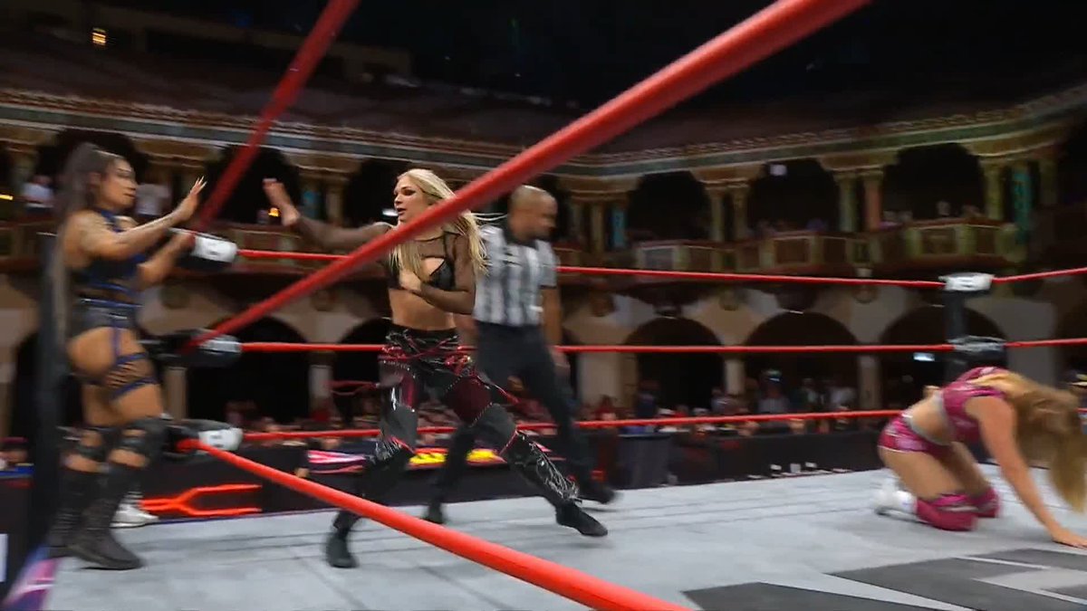 BRUTAL knee from @SkyeByee! Watch #AEWCollision presented by #SharkWeek LIVE on TNT &amp; HBO Max
