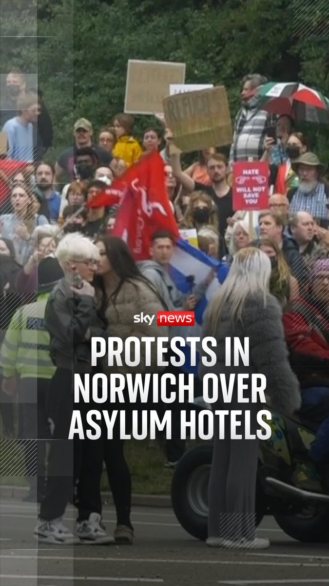 Anti and pro-immigration protesters gathered near the Brook Hotel in Norwich, where asylum seekers have been housed. Sky's emma birchley reports ⬇️ Read more: