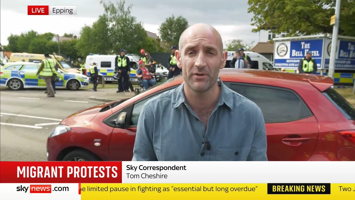 Protestors and counter-demonstrators have arrived outside a hotel housing migrants in Epping as police continue to keep the two groups apart. Sky's Tom Cheshire reports from the scene. 📺 Sky 501 and YouTube