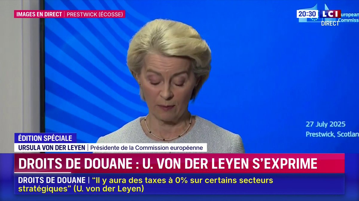 ➡️ Accord sur les droits de douane entre les Etats-Unis et l'UE 🗣️ "Nous allons également renforcer notre coopération énergétique" avec les États-Unis, déclare Ursula von der Leyen annonçant remplacer le gaz et le pétrole russes par des achats américains.