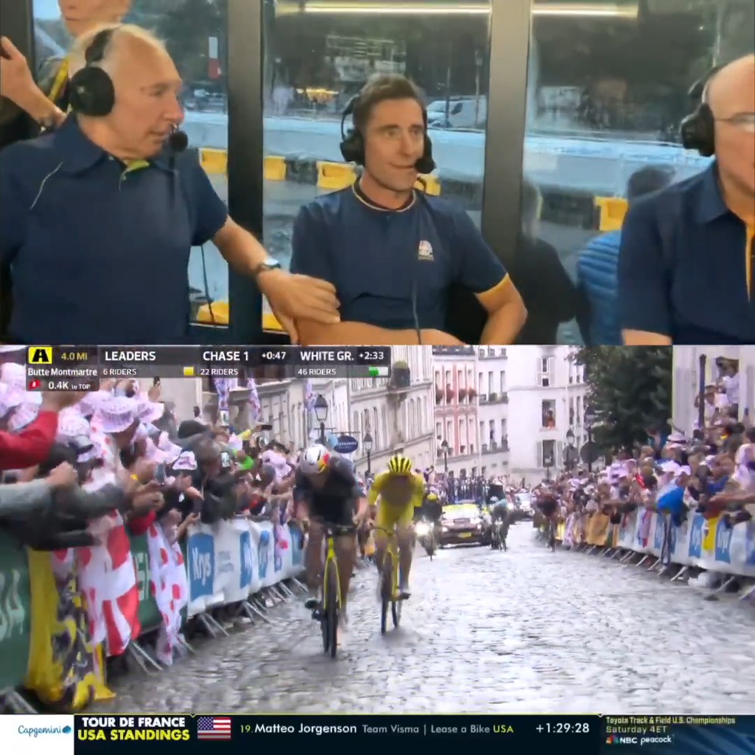 Inside the booth for an ELECTRIC Tour de France finale! 🎙️⚡️ #TDF2025 Phil Liggett VandeVelde,Christian