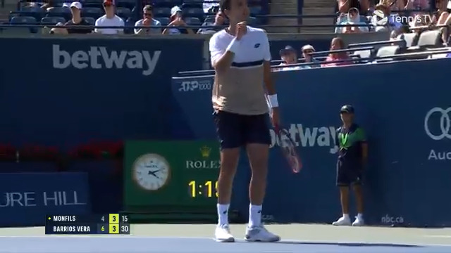 Right on the money 💰 Marcelo Tomas Barrios Vera nails a backhand pass and is closing in on victory over Monfils... National Bank Open | #NBO25