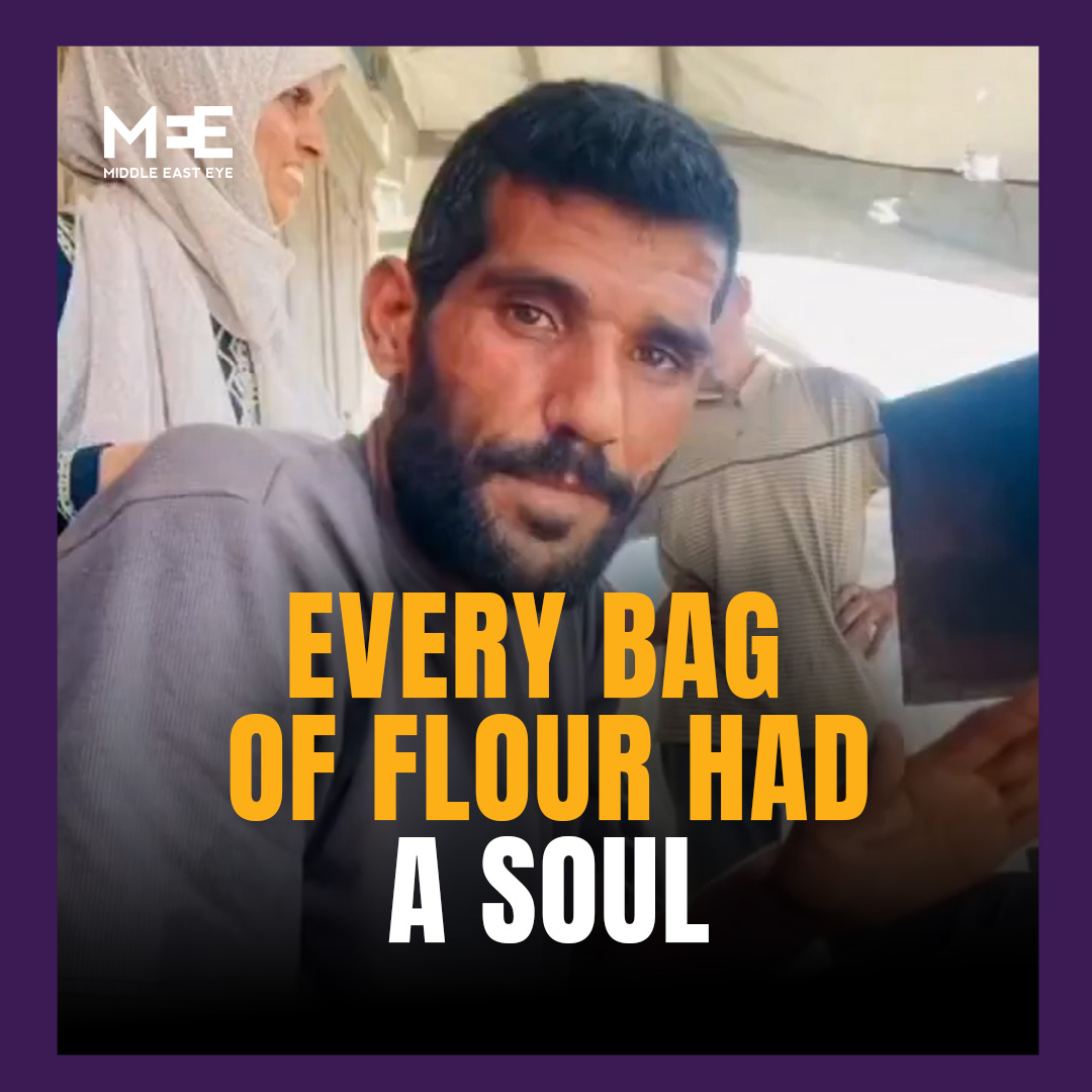 A Palestinian man shared a video showing him baking bread using flour he retrieved while navigating active war zones in Gaza. He explained that the bread was not from a bakery or aid package, but made with flour he carried through streets surrounded by tanks and destruction