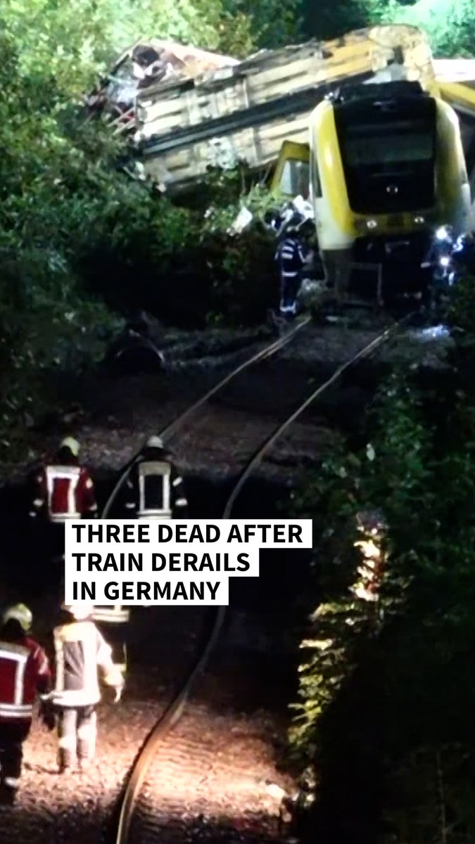 VIDEO: 🇩🇪 Three dead, several injured as train derails in Germany About 100 passengers were aboard when the accident occurred in a wooded area near the town of Riedlingen in Baden-Wuerttemberg state, southwest Germany #AFPVertical