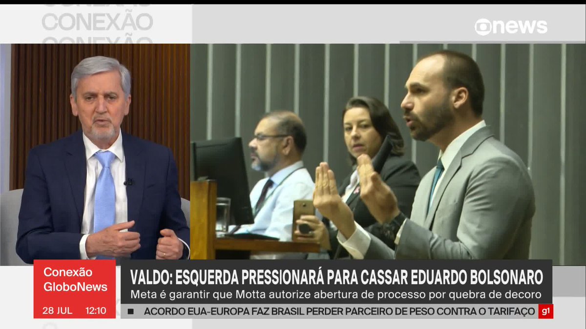 .Valdo Cruz: esquerda vai pressionar Câmara para cassar Eduardo Bolsonaro. Meta é garantir que Motta autorize abertura de processo por quebra de decoro. #ConexãoGloboNews ➡ Assista à #GloboNews: