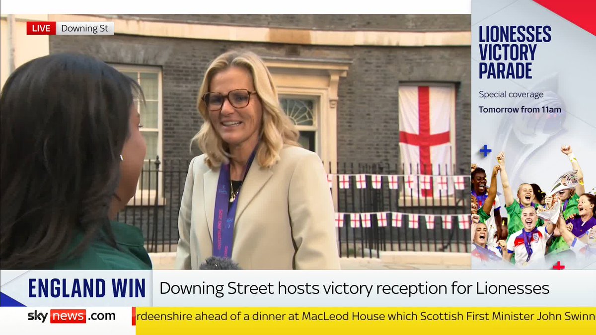 'For me it feels very surreal. I'm just trying my best every day to bring people together.' England manager Sarina Wiegman speaks to Sky News following the Lionesses' victory reception at Downing Street for their historic Euros win over Spain. Sky 501