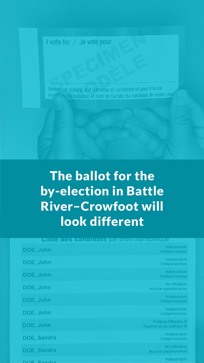 IMPORTANT❕ Elections Canada will use an adapted ballot for the by-election in Battle River–Crowfoot 🗳️ Electors will need to write the name of the candidate they are voting for on the ballot.