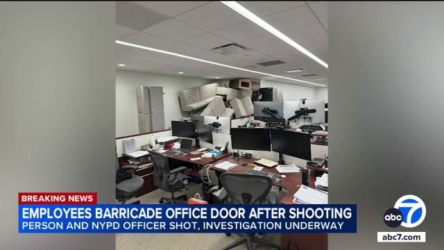 Office workers on the 33rd floor of a Park Avenue building in Manhattan used furniture to barricade their doors after a gunman entered their floor. The suspect, accused of shooting an NYPD officer and a civilian, died by suicide on that very floor of that building, which houses the NFL headquarters and the investment firm Blackstone.