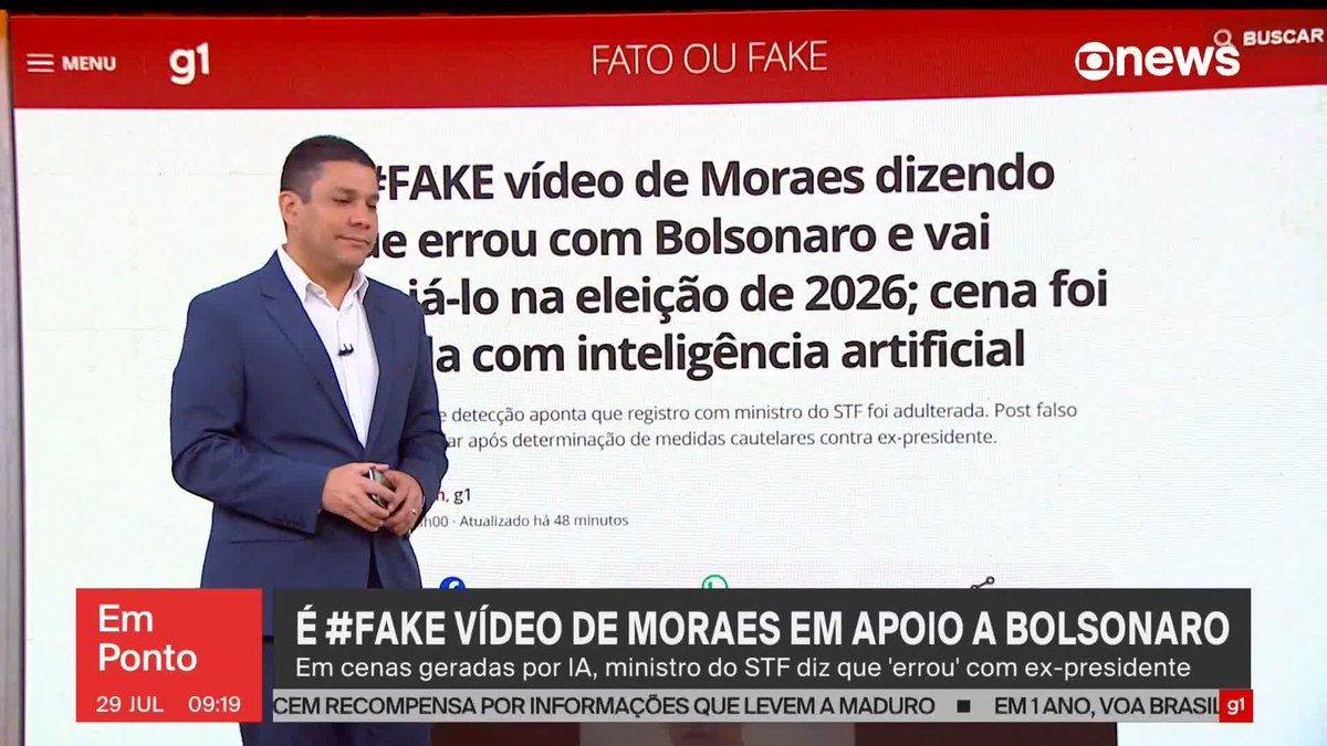 É fake o vídeo do ministro Alexandre de Moraes, do STF, dizendo que errou com o ex-presidente Jair Bolsonaro. O conteúdo foi manipulado com Inteligência Artificial. Saiba mais. ➡ Assista ao #EmPonto: #GloboNews
