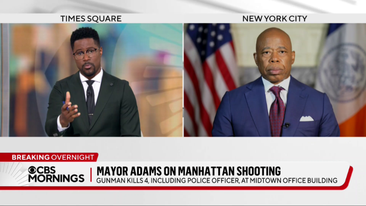 Four people were killed in Midtown Manhattan on Monday, when a gunman walked into an office tower, carrying a military-style weapon. Among those killed were a security guard and NYPD Officer Didarul Islam, who had a wife, two children and a baby on the way. Mayor Eric Adams called Officer Islam “a devoted person to his faith and to the City of New York.” Mayor Adams also told CBS Mornings that the gunman had a note on him, alluding to potentially having CTE, appearing to blame the NFL for his injury.