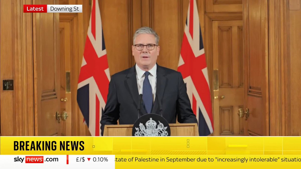 BREAKING: Prime Minister Sir Keir Starmer has announced the UK will recognise Palestine as a state by the United Nations meeting in September, unless Israel agrees to a ceasefire. Read more: 📺 Sky 501, Virgin 602, Freeview 233 and YouTube