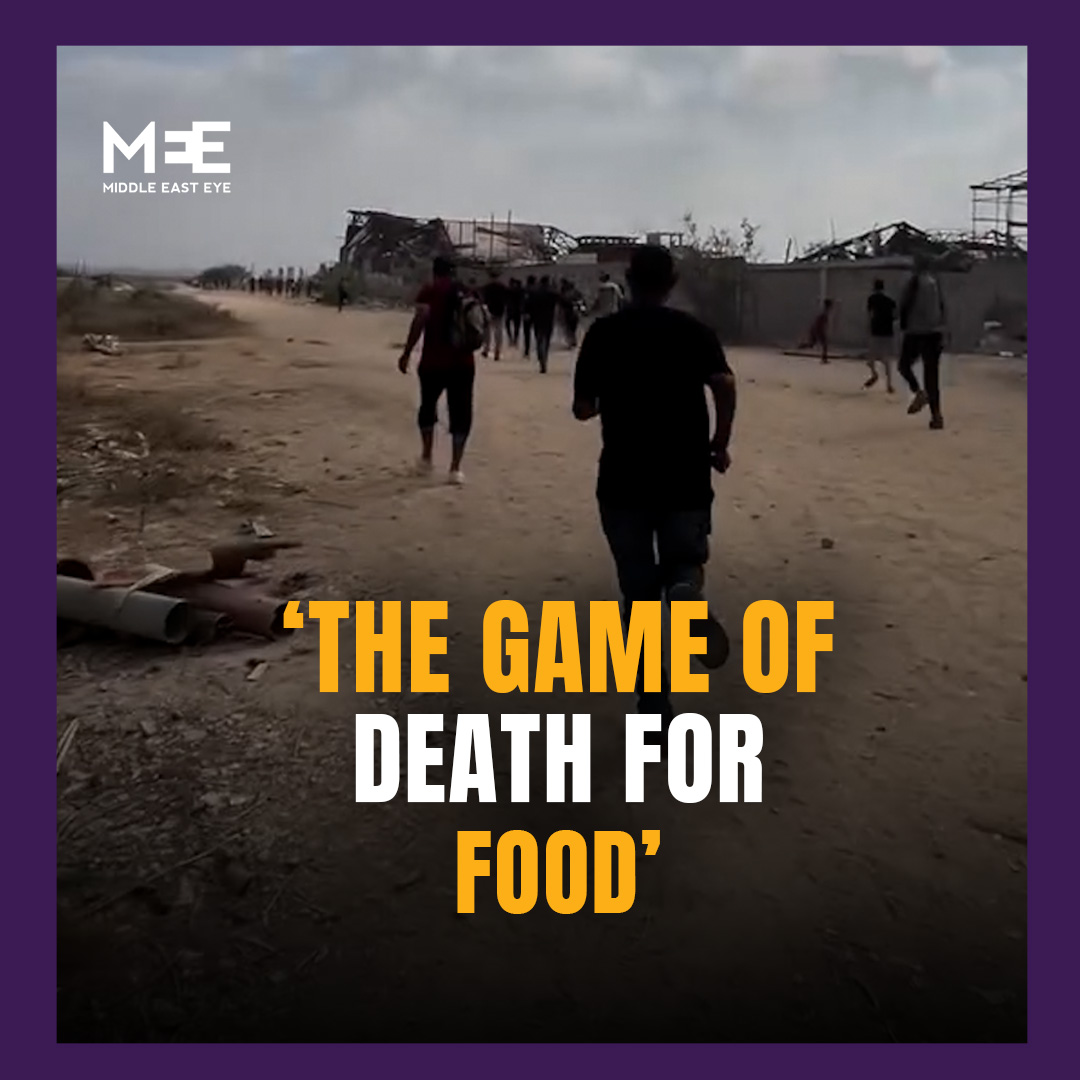A Palestinian man from Gaza, Mahmuod Salhi, posted a video documenting the perilous journey many civilians take to collect food from aid distribution points in the besieged Strip, describing it as “the game of death for food”.