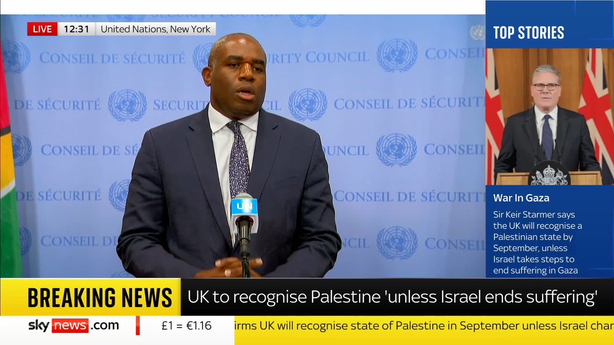 'It is my sincere hope that the decision we have taken today affects the situation on the ground' Foreign Sec David Lammy speaks at the UN following the PM's announcement that the UK will recognise the state of Palestine unless Israel meets conditions.